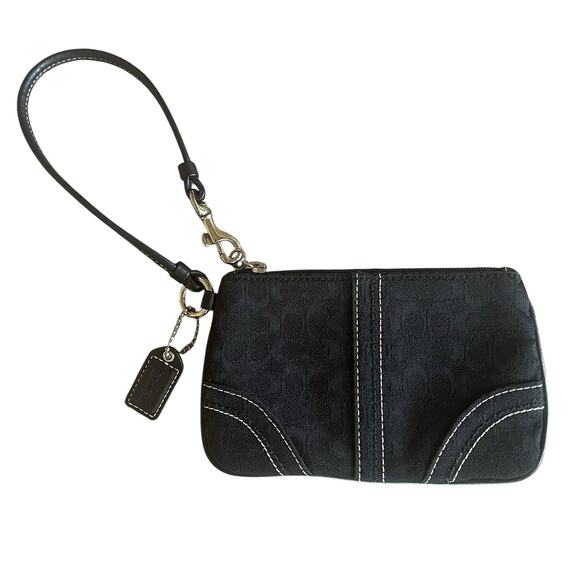 COACH Small Black Leather Signature Logo Monogram Canvas Zip Wristlet Hang Tag - Picture 1 of 6